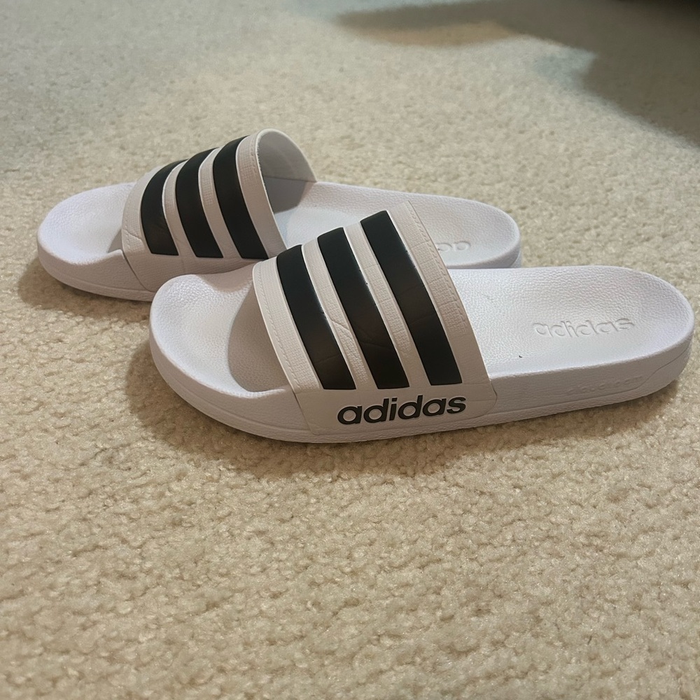 Unisex Adidas White and Black Slides